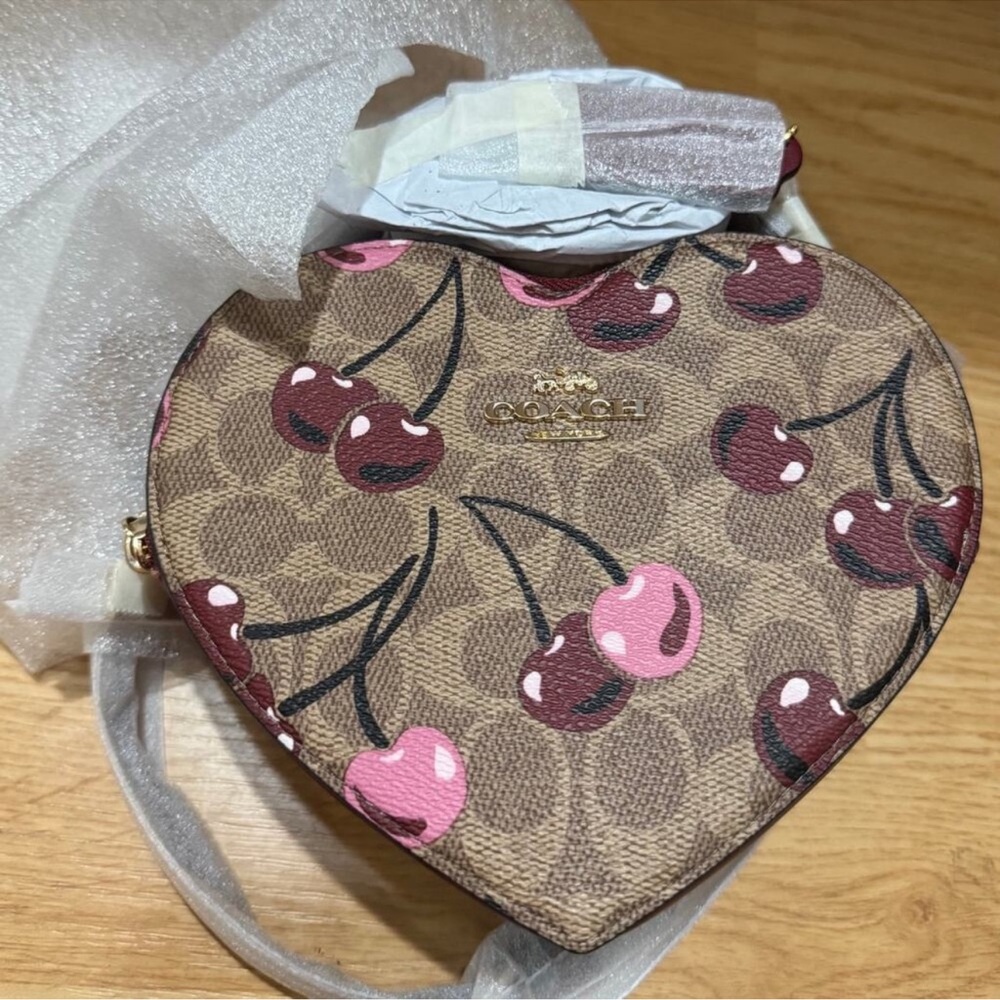Coach Heart-Shaped Mini Bag with Cherry Print - Brown and Red - Picture 6 of 6